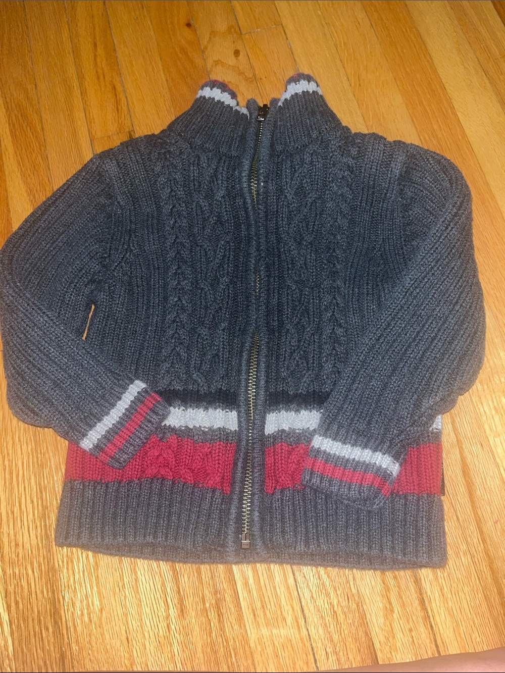 Calvin Klein Jeans Dark Gray Cable-Knit Zip Sweater with Red & White Stripes